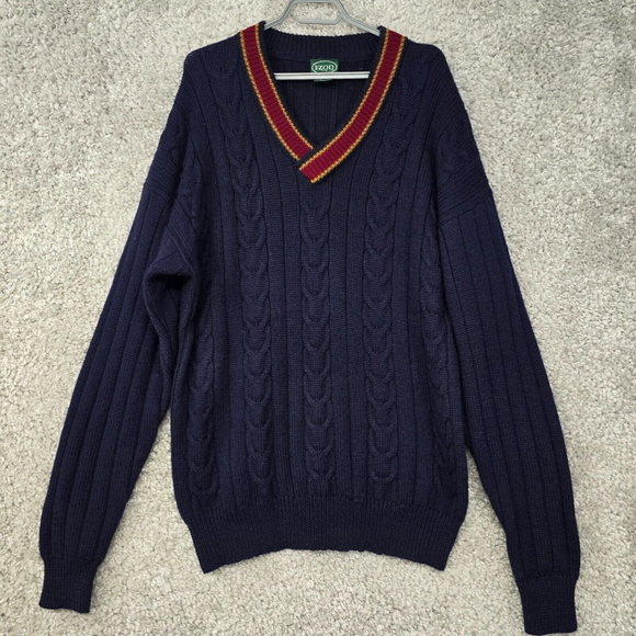 IZOD Other - Vintage Izod Sweater Mens XL Blue Wool Cable Knit Long Sleeve Preppy Grampa FLAW